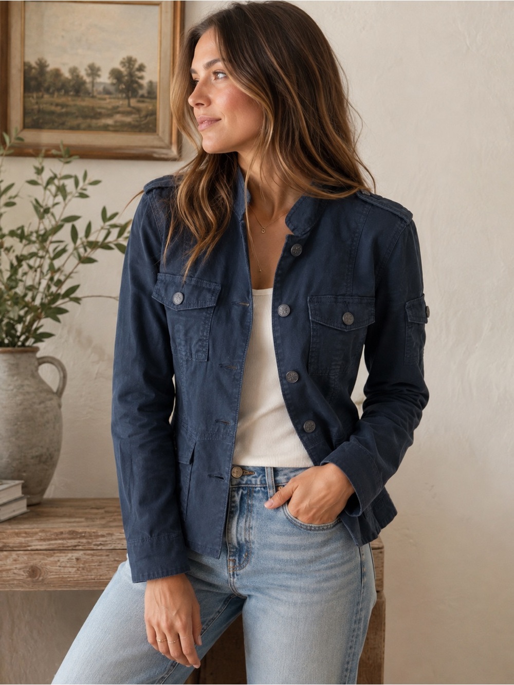 Tory Burch Navy Military-Style Utility Jacket